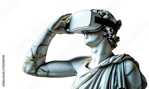 Marble statue with VR virtual reality headset posing thoughtfully, merging classical art with immersive technology.