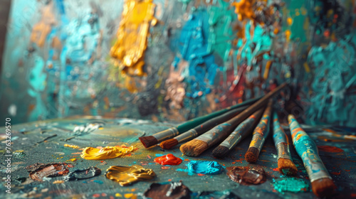 Close-up of paint brushes on a colorful palette, showcasing a blend of vibrant paint colors and creativity.