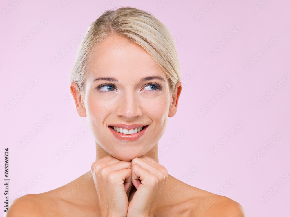 Woman, skincare and beauty in studio with smile, thinking and results for wellness with glow by pink background. Girl, person and model with cosmetics, facial skin and transformation with vision