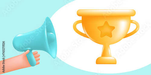 Loudspeaker in hand, megaphone broadcasting new game content, mobile games. Advertisement for the release of new game content, mobile games. Conceptual advertising banner, 3D vector illustration.