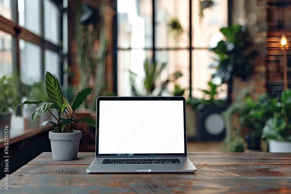 Laptop computers have blank white screens for inserting messages or advertisements. The backdrop is a natural style office. Laptop computers have blank white screens for inserting messages or advertisements. The backdrop is a natural style office.