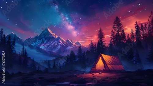 Serene Night Camping Under a Starry Sky in the Wilderness © Wuttichai