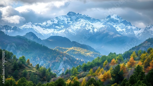 10000 BC mountainous landscape with snowcapped peaks forests animals human communities timber harvesting hunting and spiritual practices. Concept Prehistoric Communities, Mountainous Landscape