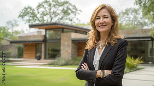 Portrait of a realtor mature woman in a business suit outfit with modern house in background. 

