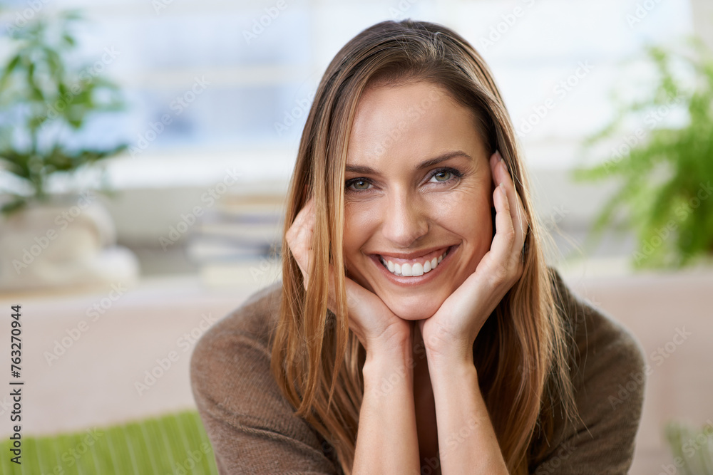 Woman, portrait and smile or peaceful home on weekend in apartment for resting holiday, vacation or break. Female person, face and happiness in living room for comfortable morning, calm or wellness