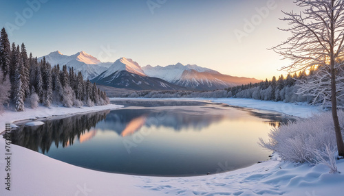 Beautiful winter scenery of snow-capped mountains at sunset, trees with frost and a river © Random_Mentalist