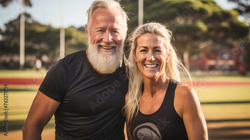 Retirement, couple after running health for body and heart wellness with natural ageing. 