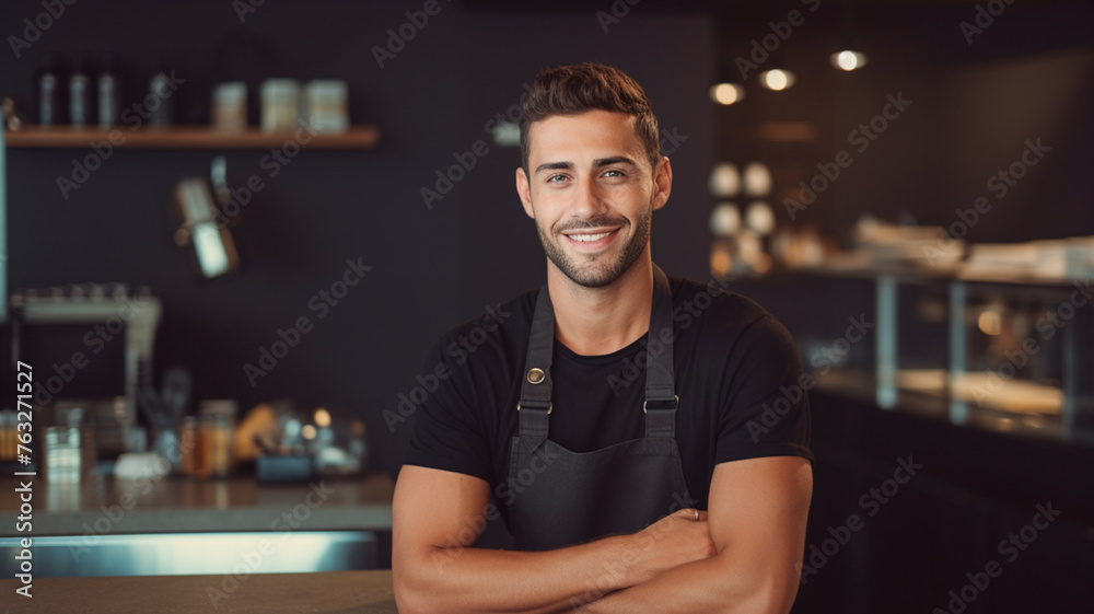 Portrait of a handsome barista in black t-shirt and apron standing at the bar of the modern cafe. Coffee shop concept.
Portrait of a handsome barista in black t-shirt and apron standing at the bar of the modern cafe. Coffee shop concept.