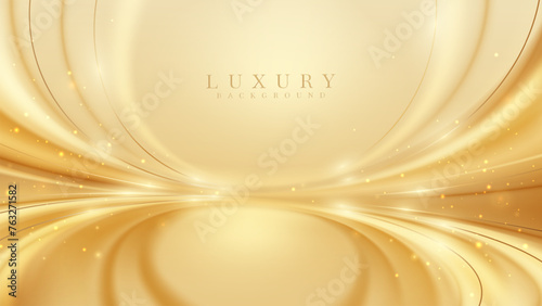 Elegant abstract background of golden swirls line with shimmering particles and bokeh decorations, Warm stage atmosphere idea for luxury branding.