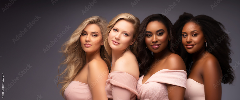 Portrait of diverse group beautiful plus size women with natural beauty and glowing smooth skin, fashion models with great skincare of all races, body Positive As lifestyle multicultural Portrait of diverse group beautiful plus size women with natural beauty and glowing smooth skin, fashion models with great skincare of all races, body Positive As lifestyle multicultural