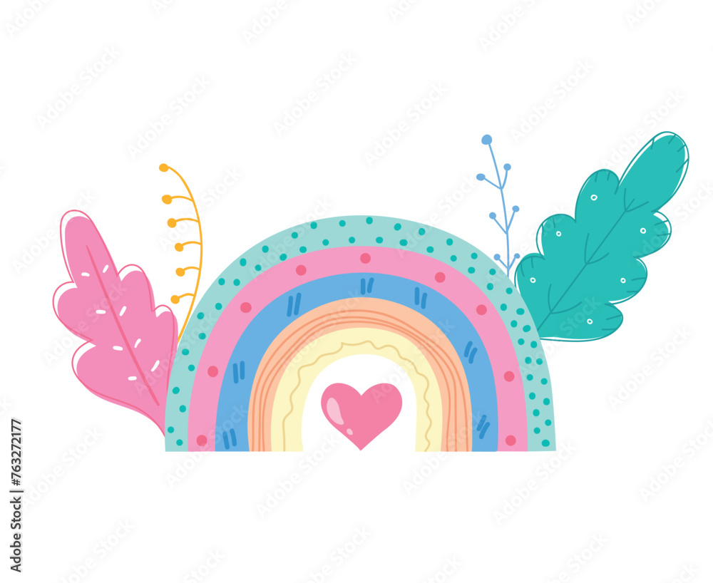 Hand drawn trendy rainbow decorated with plants. Scandinavian rainbow. Cute decoration in bright colors. Vector illustration Hand drawn trendy rainbow decorated with plants. Scandinavian rainbow. Cute decoration in bright colors. Vector illustration