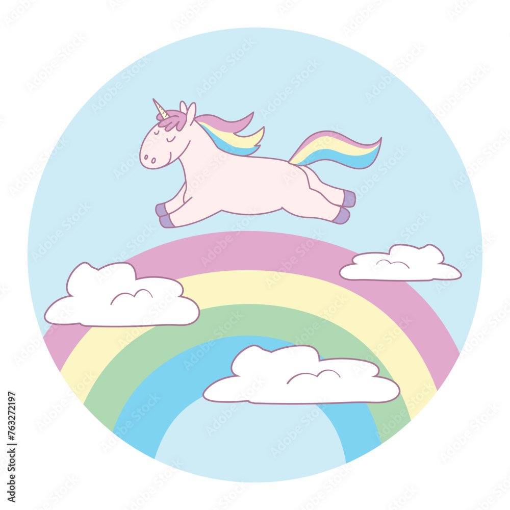 Cute cartoon unicorn is flying over the rainbow. Vector illustration Cute cartoon unicorn is flying over the rainbow. Vector illustration