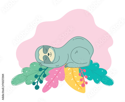 Cute sleeping sloth animal. Lazy wild animal. Vector illustration