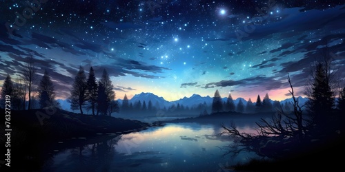Fantasy night landscape with starry sky and silhouettes of trees background
