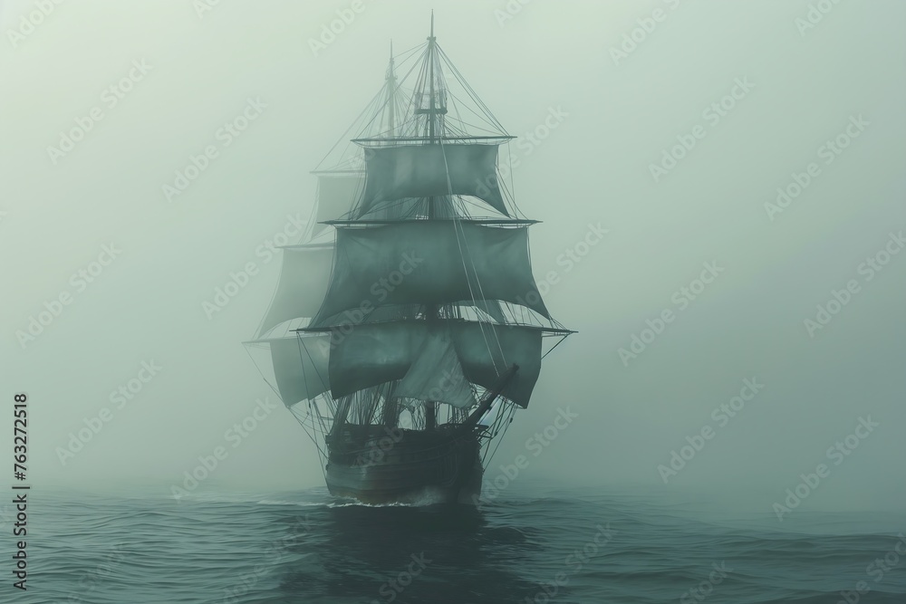 An old sailing ship crosses through thick fog