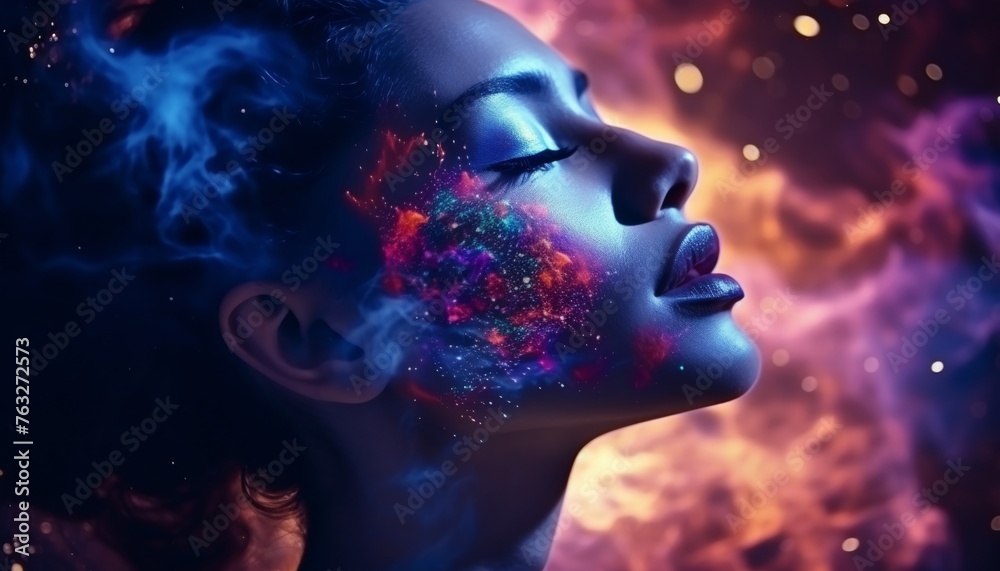Beautiful woman double exposure portrait with digital paint splash and space nebula background Beautiful woman double exposure portrait with digital paint splash and space nebula background