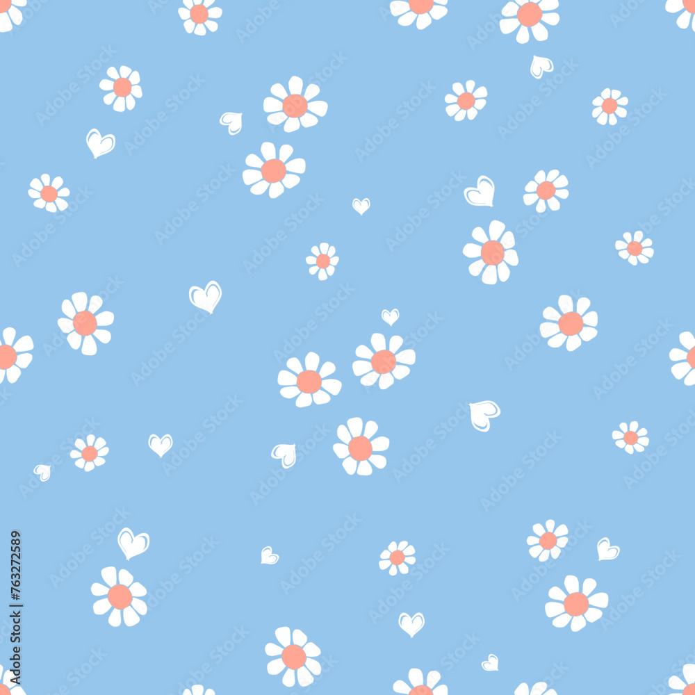 Seamless pattern with cute flower and white heart on blue background vector. Seamless pattern with cute flower and white heart on blue background vector.