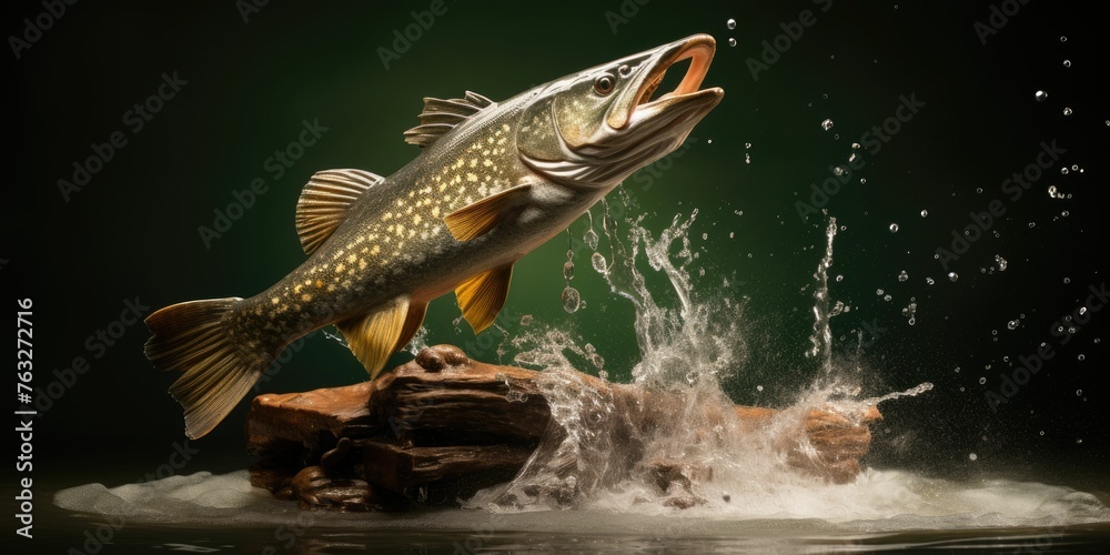 Fishing trophy freshwater pike fish jumping out of water 