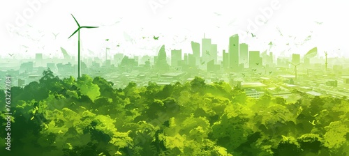 A green city skyline with buildings designed to blend in seamlessly, incorporating elements like solar panels and wind turbines on the roofs,