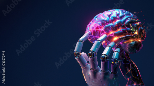 Highlighting advanced technology, a robot hand is depicted elevating an illuminated, detailed brain against a dark backdrop