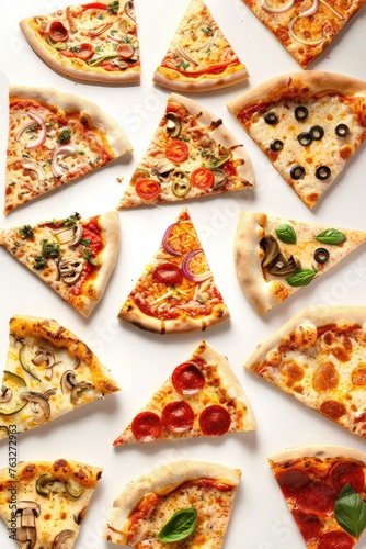 Set of various pizza slices collection isolated over white background.