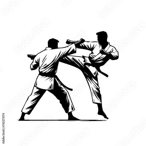 karate fighters, man and woman in kimono are training taekwondo, isolated vector logo for sport
