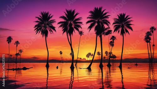 Sunset over the ocean with palm trees in retro colors. Generative AI.