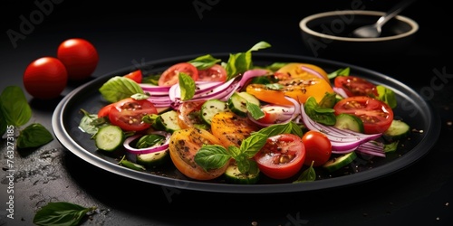 Fresh salad with cherry tomatoes, cucumbers, onions and basil on black plate background
