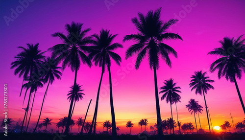Sunset over the ocean with palm trees in retro colors. Generative AI.   © 4K_Heaven