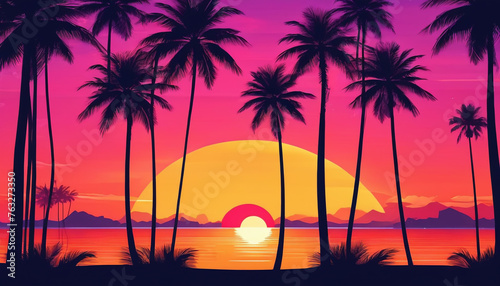 Sunset over the ocean with palm trees in retro colors. Generative AI.   © 4K_Heaven
