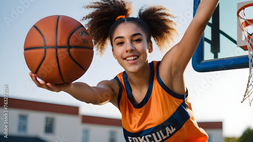 Active teenage girl rebounding in basketball game © 유다 마