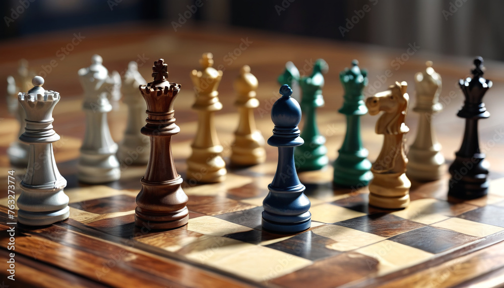 Chess pawns on a chessboard. The pawns are in various colors and styles, generative AI.
Chess pawns on a chessboard. The pawns are in various colors and styles, generative AI.