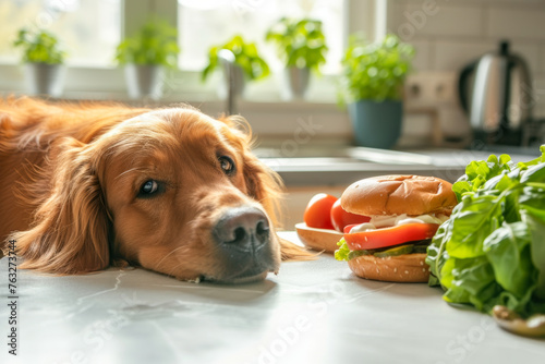 A golden retriever rests its head on a kitchen counter  eyeing a sandwich with a look of irresistible longing  a charming moment of pet versus temptation