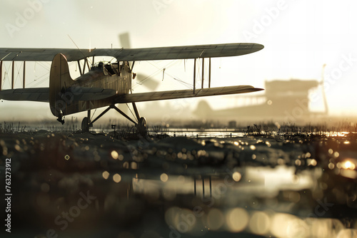 Vintage Biplane Resting at Wet Airfield Sunrise Glory Banner photo