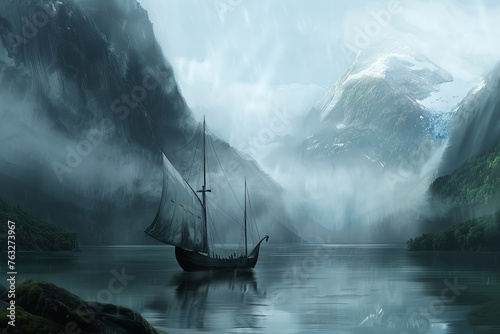 Majestic Viking Ship Journeying Through Misty Nordic Fjord Banner