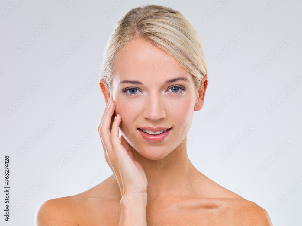 Woman, skincare and wellness in studio portrait with hand on face for results, touch and natural by white background. Girl, person and model with cosmetics, facial glow and transformation with smile Woman, skincare and wellness in studio portrait with hand on face for results, touch and natural by white background. Girl, person and model with cosmetics, facial glow and transformation with smile