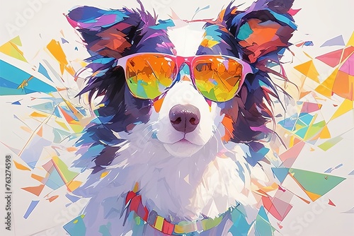 A cute border collie dog wearing colorful sunglasses on a white background. 