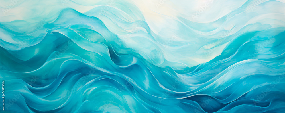 A painting depicting vibrant blue waves on a stark white background, creating a striking contrast. The waves are fluid and dynamic, evoking a sense of movement and energy. Banner. Copy space
