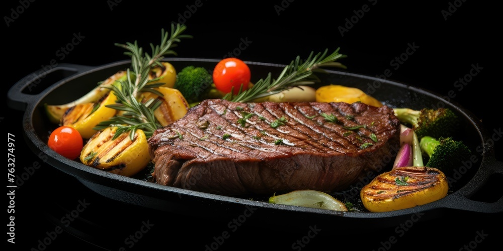 Grilled steak with vegetables in a frying pan on a black background 
