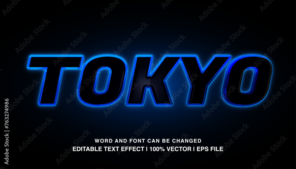 Tokyo editable text effect template, blue neon light text style typeface, premium vector