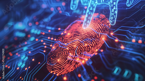 Macro view of a fingerprint overlaying a circuit board, representing advanced digital security and identity verification technologies.  © nextzimost