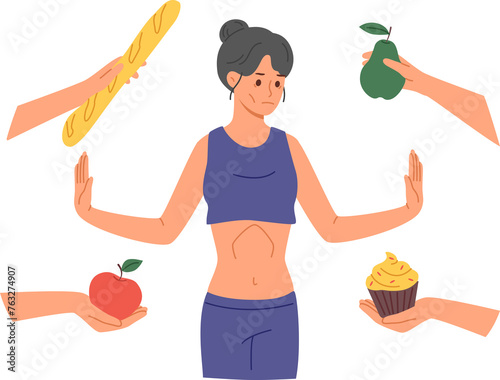 Woman with anorexia and dystrophy refuses to eat, standing among hands with fruits and pastries. Thin girl experiences food aversions due to anorexia caused by dieting for weight loss for too long.