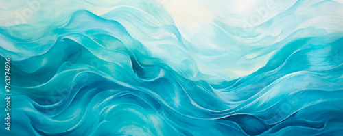 A painting depicting vibrant blue waves on a stark white background, creating a striking contrast. The waves are fluid and dynamic, evoking a sense of movement and energy. Banner. Copy space