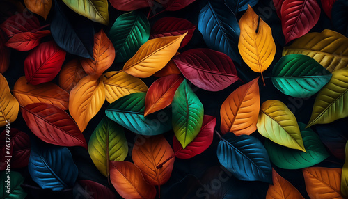 Colorful leaves in various shades of green  red and yellow on a dark background