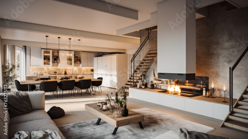 A large, open living room with a fireplace and a staircase. The room is decorated in a modern style with white walls and furniture. The fireplace is lit, creating a warm and inviting atmosphere