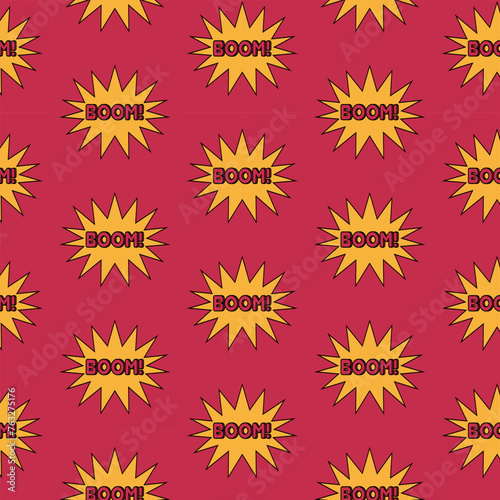 Y2K pattern. Retro seamless pattern with word boom on red background. Vector illustration