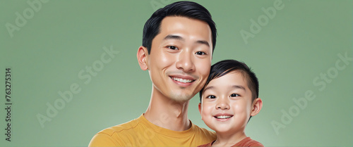 Illustration of asian father with his little son, on green background
