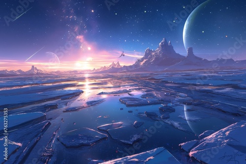 A distant planet with an icy landscape, reflecting the light of two moons in its sky. 