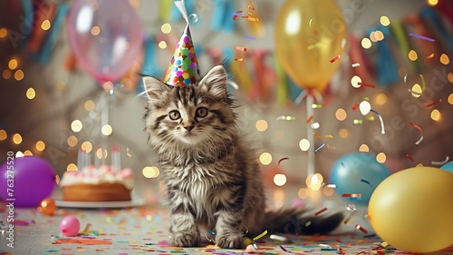 Cat celebrating with birthday cake, party hat and confetti. Creative animal poster. 
