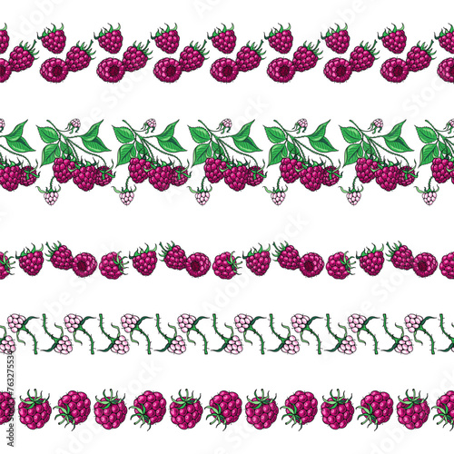 Ripe Pink Raspberries. Set of seamless banners. Design of candies and sweet dessert . Vector illustration.